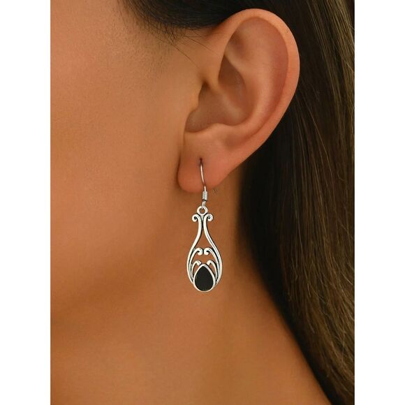 Silvertone Teardrop Dangle Earrings Filigree Black Lapis Inlay Drop French Wire - Picture 3 of 5